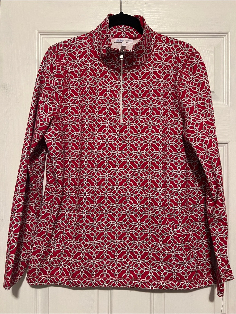 Talbots hello Saturday Red and White Geometric Half-Zip Pullover